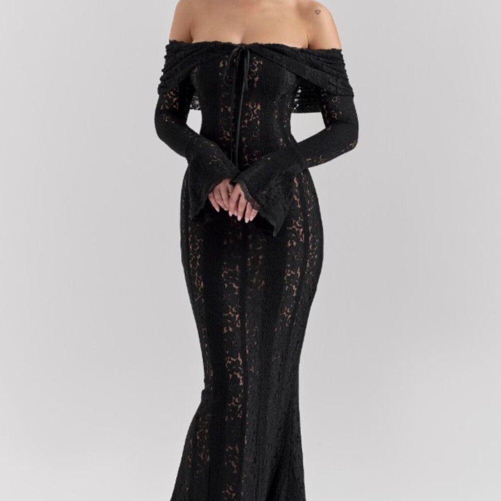 Floor Length Black Lace Off Shoulder Dress